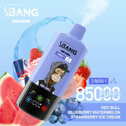 「Bang Leader、3-in-1」というラベルの付いたvapeペンの広告画像は、フルーツとレッドブル缶をフィーチャーしたカラフルな背景に配置された、レッドブル、ブルーベリースイカ、ストロベリーアイスクリームなどのフレーバーを備えた8500パフを約束します。
