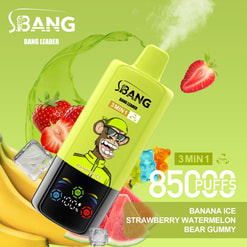 「Bang Leader 3min1」というラベルが付いた黄色のvapingデバイスの広告画像は、フルーツとグミの要素を背景にし、バナナアイス、イチゴスイカ、クマのグミの味で850パフを宣伝しています。