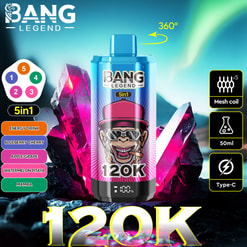 120Kパフを備えたBang Legend 5-in-1 Vapeデバイスを備えたマーケティング画像は、輝く結晶とオーロラの空の背景に対抗し、メッシュコイル、50ml容量、タイプC充電、5つのフレーバーオプションなどの製品機能を強調しています。