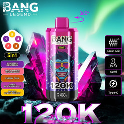 Bang Legend 5-in-1 Vapingデバイスのプロモーショングラフィックは、鮮やかな紫色のクリスタルに囲まれたサングラスを着た鮮やかなピンクと紫のデザインを備えた鮮やかなピンクと紫のデザインを特徴とし、360度の回転、メッシュコイル技術、タイプC充電などの機能を強調しています。