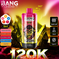 鮮やかな色に囲まれたイラスト入りゴリラの鮮やかなデザインを特徴とする「Bang Legend」5-in-1 Vapeデバイスのプロモーション画像、スイカアイスやストロベリーマンゴーなどのフレーバーオプションを強調し、360°調整可能なメカニズム、メッシュコイル、50ml容量、タイプC充電などのデバイス機能を強調しています。