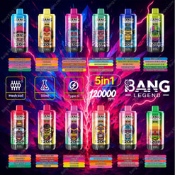An Illustrated Promotional Image Featuring Various Bang Legend Vape Devices, Displaying Flavors, Design Details, And Product Specifications Such As A 120,000 Puff Capacity, Mesh Coil, And Type-C Charging Compatibility.