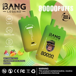 Immagine promozionale per dispositivo a vaporizzazione "Bang Legend", con un design a gradiente giallo verde, specifiche come 80.000 sbuffi, ricarica di tipo C e tre gusti: ghiaccio d'acqua, fragola-mango e banana, insieme a un prodotto che avverte che enfatizza la dipendenza dalla nicotina.