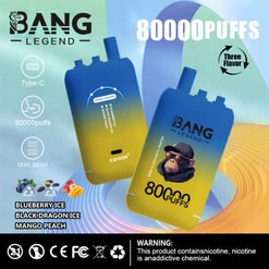 Immagine promozionale per il vaporizzazione usa e getta della leggenda Bang, che mostra un design colorato con caratteristiche tra cui ricarica di tipo C, 80.000 sbuffi e varietà come Blueberry Ice e Mango Peach.