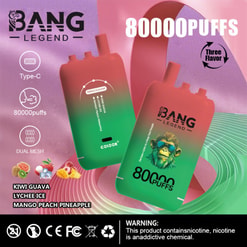 Immagine promozionale per il dispositivo di Bang Legend che mostra le sue caratteristiche, tra cui 80.000 sbuffi, ricarica di tipo C e tecnologia a doppia mesh, con sapori disponibili Kiwi Guava, Lychee Ice e Mango Peach Pineapple, su uno sfondo colorato con avvertenze per quanto riguarda il contenuto di nicotina.