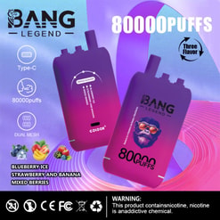 Immagine promozionale per Bang Legend VAPE usa e getta che mostra due dispositivi di vaporizzazione, 80000 sbuffi e sapori ghiaccio di mirtilli, fragola e banana e bacche miste, con uno sfondo astratto colorato.