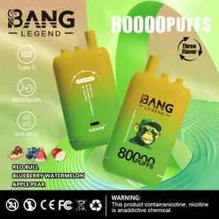 Immagine promozionale che visualizza dispositivi di vaporizzazione usa e getta "Bang Legend" con 80000 sbuffi e opzioni triplo di sapore, presentate in un design dai colori vivaci con caratteristiche del prodotto e un avvertimento di nicotina nella parte inferiore.