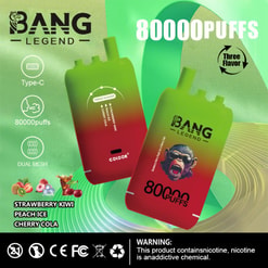 Poster promozionale colorato per dispositivi a vapore elettronico "Bang Legend" che pubblicizza 80.000 sbuffi, opzioni a triplo aroma e tecnologia a doppia mesh, con icone del prodotto incluse.