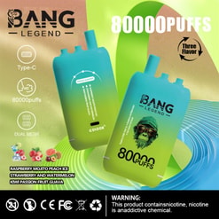 Immagine promozionale per il vaporizzatore della leggenda di Bang con due dispositivi, i punti salienti includono la capacità di 80.000 sbuffi, la tecnologia a doppia mesh e sapori come Raspberry Mojito Peach Ice;