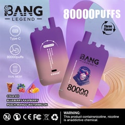 Poster pubblicitario per il dispositivo di svapo della leggenda di Bang, evidenziazione di caratteristiche come la ricarica di tipo C, il riscaldamento a doppia mesh, la capacità di 80.000 sbuffi e i gusti tripli tra cui Cola Ice, Blueberry Raspberry e Peach Mango Watermelon.