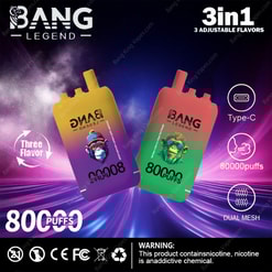 Promotionele afbeelding voor Bang Legend 80000 vapenapparaten met twee 80000 puffs-modellen met verstelbare smaken, Type-C-opladen en dubbele mesh-technologie tegen een kleurrijke achtergrond, inclusief een nicotine-waarschuwing.