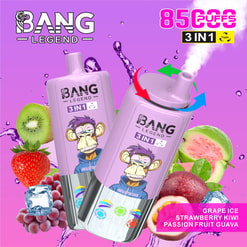 Image promotionnelle pour la légende de Bang 3-en-1 Vape jetable avec des saveurs de glace de raisin, des kiwi aux fraises et de la goye de fruits de la passion affichée avec des visuels de fruits correspondants sur un fond violet.