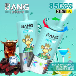 Publicité pour le dispositif de vapotage Puff 3 en 1 de Bang avec 8500 bouffées, avec des saveurs comme la glace de dragon noir, affichée aux côtés d'illustrations de boissons et de fruits.