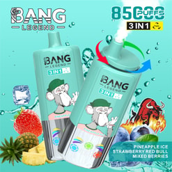 Image promotionnelle pour la légende de Bang 3-en-1 Vape avec des illustrations vibrantes d'un singe, des saveurs de fruits, notamment l'ananas, la fraise, les bleuets et le Red Bull, avec 8500 bouffées spécifiées.