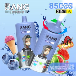 Image promotionnelle des appareils de vape 'Bang Legend 3-en-1' avec des thèmes de saveur de crème glacée aux myrtilles, à la pastèque et aux fraises, aux côtés d'éléments graphiques tels que l'art de la bande dessinée, les représentations des fruits et un texte mettant en évidence «8500 bouffées».
