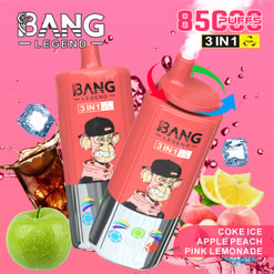 Image promotionnelle pour un produit de vape jetable, marqué comme Bang Legend 3-en-1, avec des saveurs de glace de coke, des pommes de pomme et de la limonade rose, avec des emballages colorés et des éléments d'arrière-plan sur le thème de la saveur.