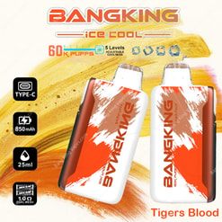 Two Bangking Disposable Vaping Devices Are Displayed With A White And Red Design Labeled 'Tiger's Blood,' Alongside Highlighted Features Including A Type-C Charging Port, 850Mah Battery, 60,000 Puffs Capacity, 25Ml Liquid Volume, And Adjustable Coolness Levels.