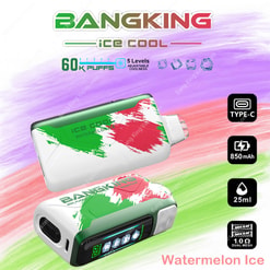 Advertisement For The Bangking Ice Cool Vape Device Featuring A Watermelon Ice Flavor, Incorporating A Colorful Design Resembling Watermelon Colors, Highlighting Specifications Such As 60,000 Puffs, Adjustable Coolness, 850Mah Battery, And 25Ml Capacity.