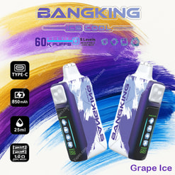 Bangking Ice Cool Vaping Device In Grape Ice Flavor, Featuring A Sleek Design, Purple And White Accents, Adjustable Coolness Levels, 850Mah Battery, And 25Ml Capacity.