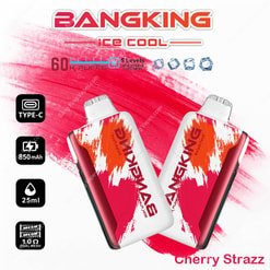 Promotional Image Featuring Two Red And White Bangking Vaping Devices With Text Showcasing Features Like 850Mah Battery, 25Ml Capacity, Adjustable Coolness, And Type-C Compatibility, Labeled 'Cherry Strazz'.