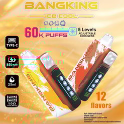 Marketing image showcasing Bang King Ice Cool 60000 vape devices, highlighting features such as 60,000 puffs, 850mAh rechargeable battery, adjustable coolness levels, and 12 flavor options.