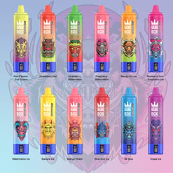 Colorful Lineup Of Bang Box Vape Devices With Different Fruit Ice Flavors And Illustrated Monster Labels
