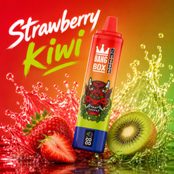 Strawberry Kiwi Vape Device With Fruit Splash, Strawberries, And Kiwi Slices On A Red-Green Background