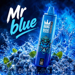 Blue Mr Blue Bang Box Vape Device With Blueberries, Ice, Mint, And Splashing Water In A Blue Background