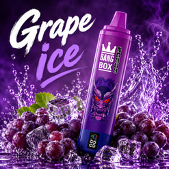Purple Bang Box Vape Device With Grape Ice Flavor Text, Surrounded By Grapes And Ice Cubes On A Purple Background