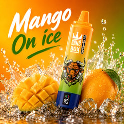 Mango Ice Vape Device With Mangoes And Splashing Ice On An Orange Background