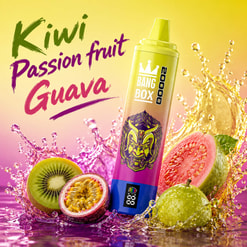Kiwi Passion Fruit Guava Bang Box Vape Surrounded By Splashing Fruit Slices On A Bright Background