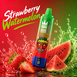 Strawberry Watermelon Bang Box Vape Pen With Fruit Splashes And Sliced Strawberries And Watermelon