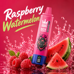 Pink Bang Box Vape With Raspberry-Watermelon Flavor, Raspberries, Watermelon Slices, And Splashing Liquid On A Red Background