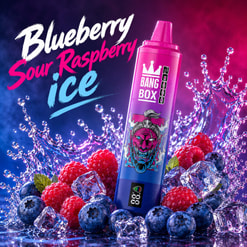 Blueberry Sour Raspberry Ice Vape With Berries, Ice Cubes, And Water Splashes On A Purple-Blue Background