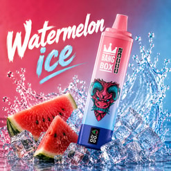 Pink-And-Blue Watermelon Ice Vape Bottle With Splashy Ice Cubes And Watermelon Slices On A Vivid Background