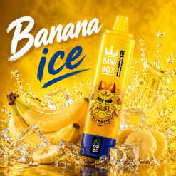 Banana Ice E-Liquid Bottle With Bananas, Ice Cubes, And Splashing Yellow Liquid On A Bright Gold Background