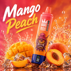 Mango Peach Vape Device With Mango Chunks And Peach Halves In Splashing Juice