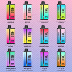 Raster aus Bang Box Vape-Geräten auf einem rosa und blau gestreiften Hintergrund, jedes mit verschiedenen 30K Puff-Geschmacksrichtungen beschriftet