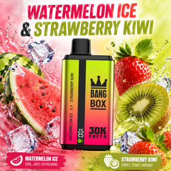 Bunte Werbung für Bang Box 30K Puffs Wassermeloneneis und Erdbeer-Kiwi-Vape mit Frucht- und Eisspritzern