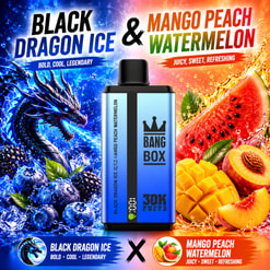 Bunte Werbung für Bang Box Vape mit den Geschmacksrichtungen Black Dragon Ice und Mango-Pfirsich-Wassermelone mit Frucht- und Drachenbildern