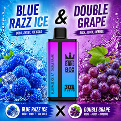 Blaue und violette Vape-Werbung mit Himbeer- und Traubenspritzern, die ein Bang-Box-Gerät mit der Aufschrift „30K Puffs“ zeigt