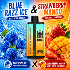 Werbe-Vape-Werbung für Bang Box Blue Razz Ice und Erdbeer-Mango-Geschmack mit Frucht- und Eisspritzern