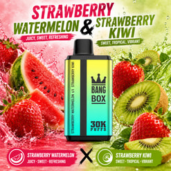 Erdbeer-Wassermelone und Erdbeer-Kiwi-Bang-Box-Vape-Werbung mit Fruchtspritzern und 30K-Puffs-Etikett