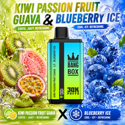 Bunte Vape-Werbung, die ein Bang-Box-Gerät zwischen Kiwi-Passionsfrucht-Guave und Blaubeer-Eisspritzern zeigt