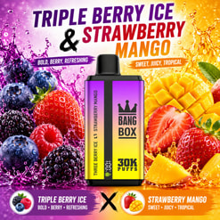 Bunte Vape-Werbung für Bang Box Triple Berry Ice und Strawberry Mango, mit Beeren, Mangos und spritzendem Saft rund um das Gerät