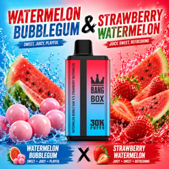 Bunte Vape-Werbung mit einem Bang-Box-Gerät, Wassermelonen-Kaugummi- und Erdbeer-Wassermelonen-Geschmack, Fruchtspritzern und Werbetext