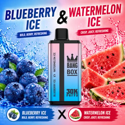 Blaubeereis- und Wassermelonen-Eis-Vape-Gerät mit Blaubeeren links und Wassermelonenscheiben rechts