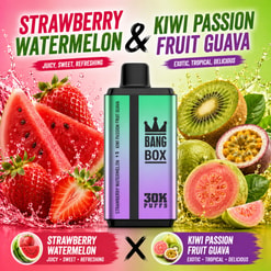 Erdbeer-Wassermelone und Kiwi-Passionsfrucht-Guava-Vape mit Fruchtspritzer-Hintergrund