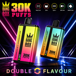Werbegrafik von zwei Bang Box 30K Puff-Vape-Geräten mit Neon-Hintergründen und Geschmacksetiketten