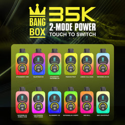 Gráfico promocional para Bang Box 35K 2-Mode Power con 12 sabores coloridos de Vape mostrados
